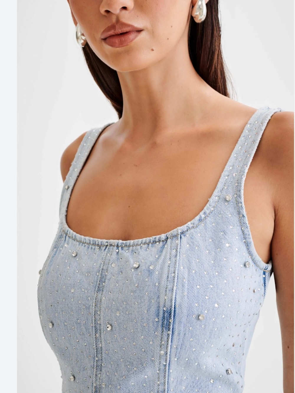 NWT!! BEBE Light Blue Pearl-Embellished Denim Mini Dress - Picture 2 of 4